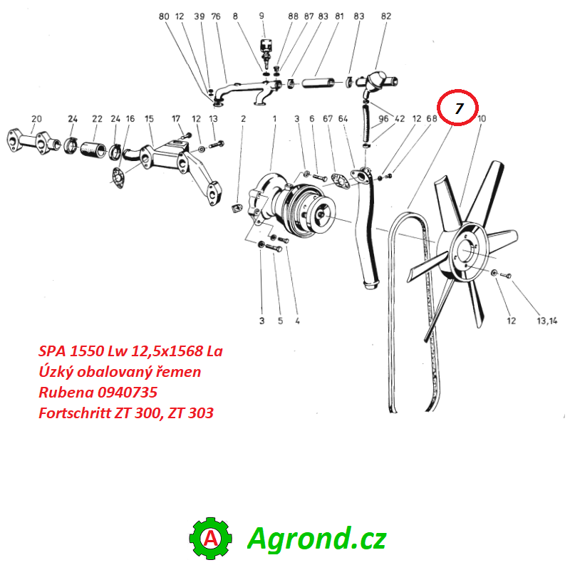 SPA 1550 Lw 12,5x1568 La Úzký obalovaný řemen Rubena 0940735 Fortschritt ZT 300, ZT 303